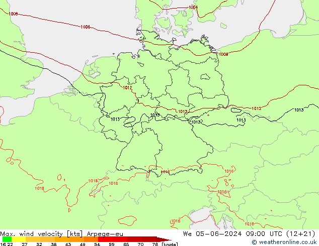 Max. wind snelheid Arpege-eu wo 05.06.2024 09 UTC