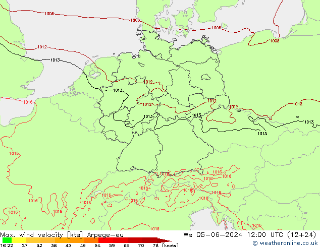 Max. wind velocity Arpege-eu  05.06.2024 12 UTC