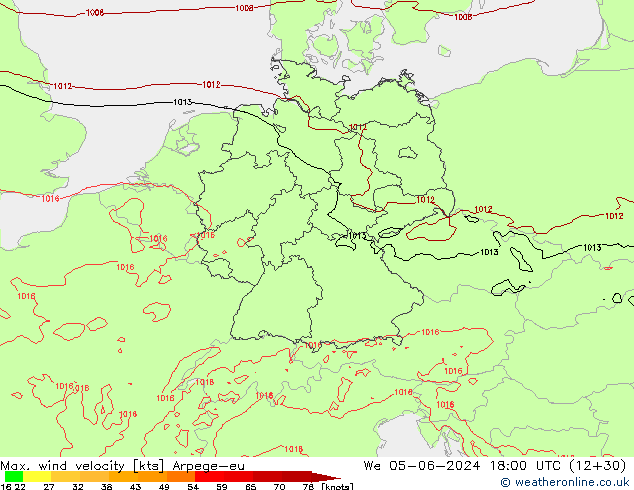 Max. wind velocity Arpege-eu  05.06.2024 18 UTC