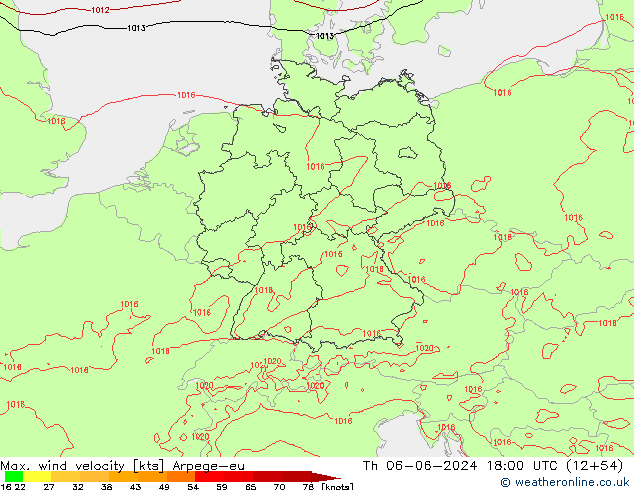 Max. wind velocity Arpege-eu Th 06.06.2024 18 UTC