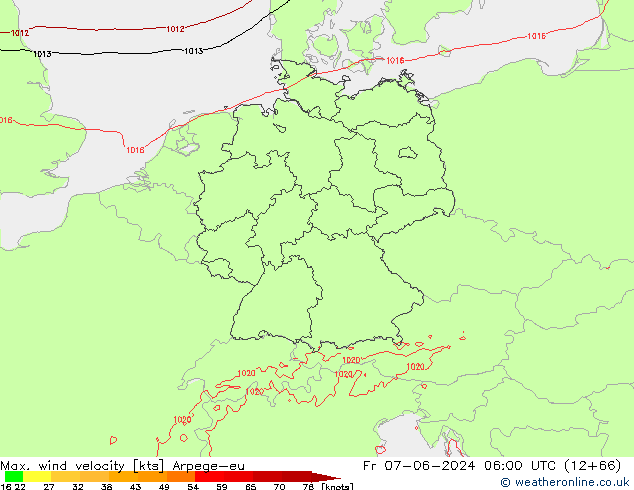 Max. wind velocity Arpege-eu Fr 07.06.2024 06 UTC