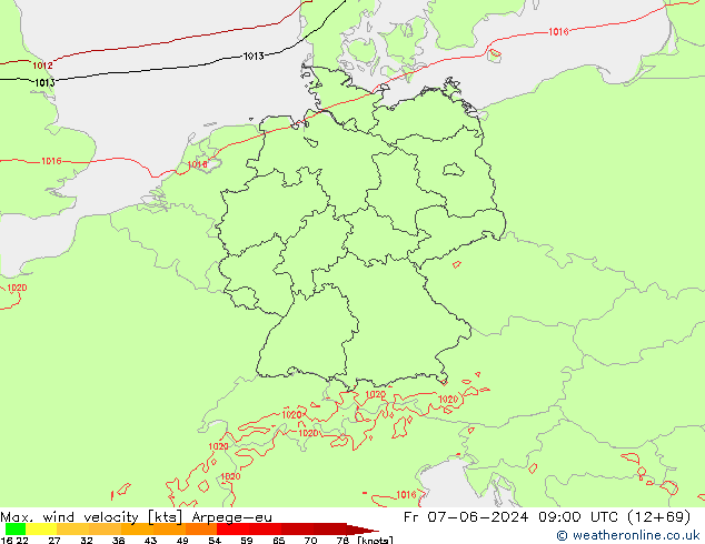 Max. wind snelheid Arpege-eu vr 07.06.2024 09 UTC