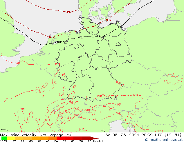 Max. wind velocity Arpege-eu Sáb 08.06.2024 00 UTC