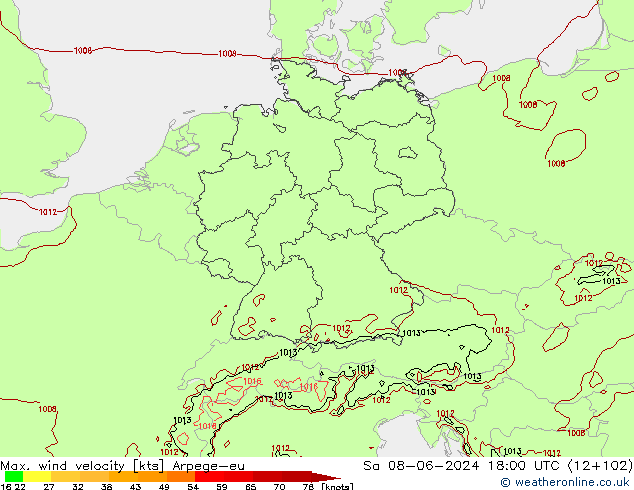 Max. wind snelheid Arpege-eu za 08.06.2024 18 UTC