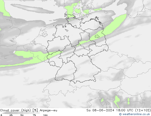 Cloud cover (high) Arpege-eu Sa 08.06.2024 18 UTC