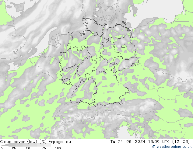 Cloud cover (low) Arpege-eu Tu 04.06.2024 18 UTC