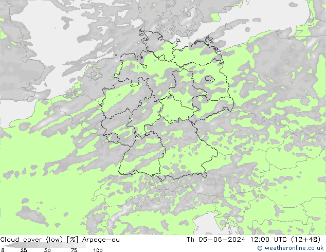 Cloud cover (low) Arpege-eu Th 06.06.2024 12 UTC