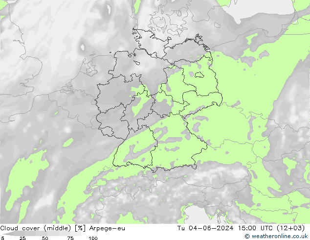 Cloud cover (middle) Arpege-eu Tu 04.06.2024 15 UTC