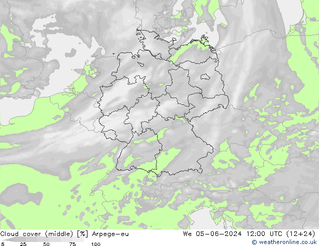 Cloud cover (middle) Arpege-eu We 05.06.2024 12 UTC