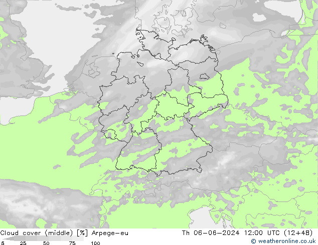 Cloud cover (middle) Arpege-eu Th 06.06.2024 12 UTC