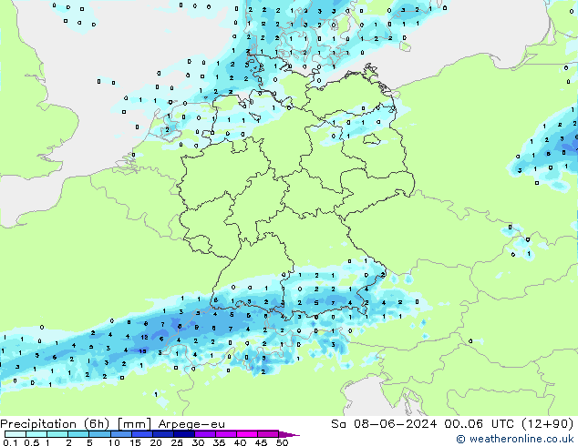 Totale neerslag (6h) Arpege-eu za 08.06.2024 06 UTC