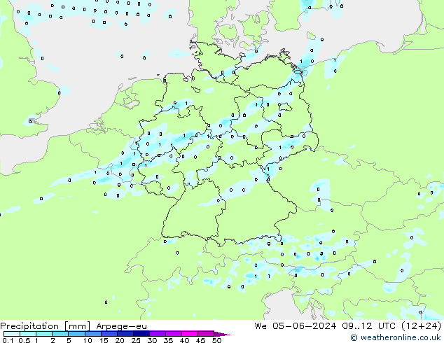 Precipitazione Arpege-eu mer 05.06.2024 12 UTC