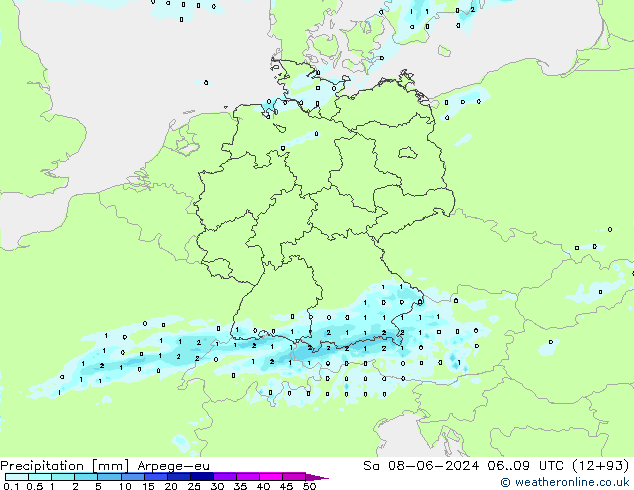 Srážky Arpege-eu So 08.06.2024 09 UTC