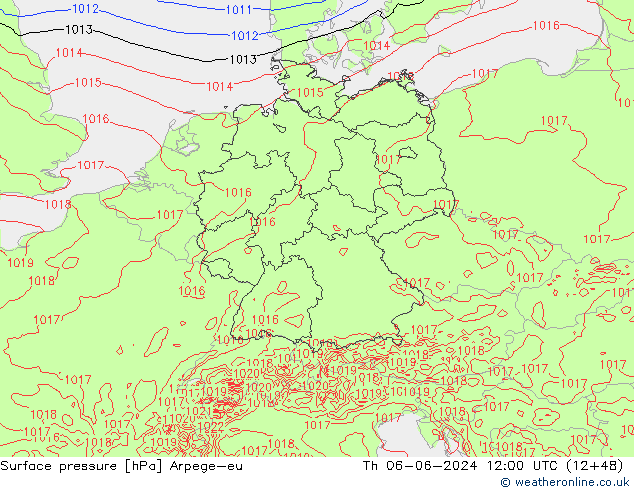Presión superficial Arpege-eu jue 06.06.2024 12 UTC