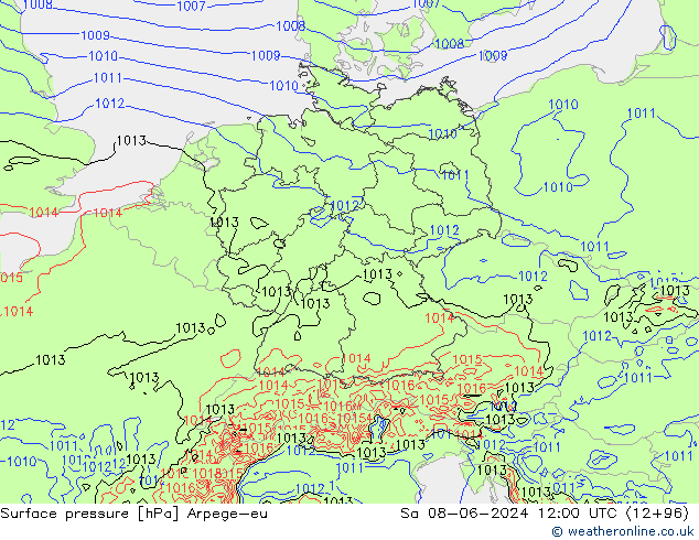 Pressione al suolo Arpege-eu sab 08.06.2024 12 UTC