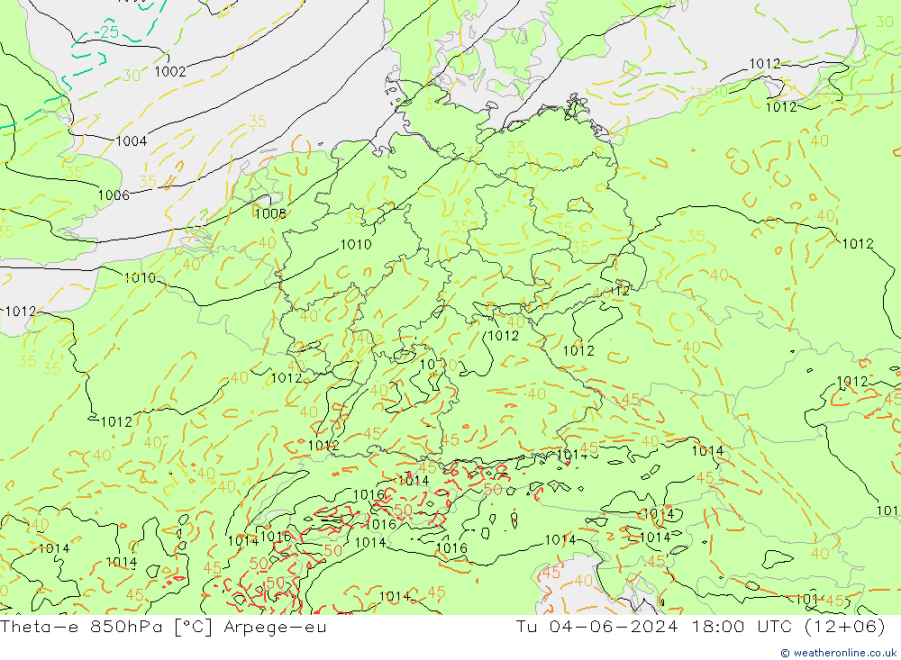 Theta-e 850hPa Arpege-eu  04.06.2024 18 UTC