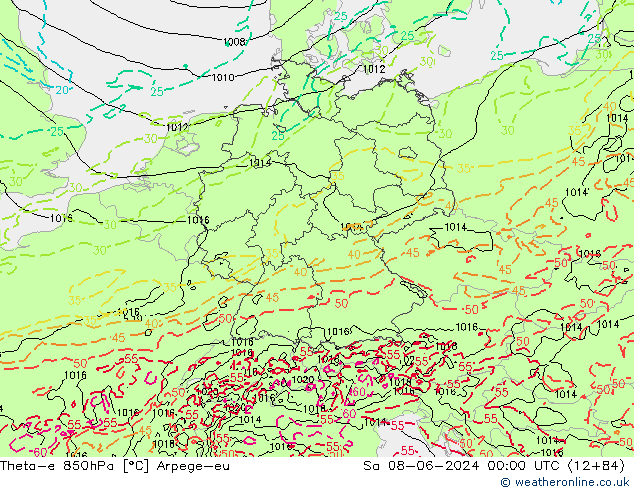 Theta-e 850hPa Arpege-eu Sa 08.06.2024 00 UTC