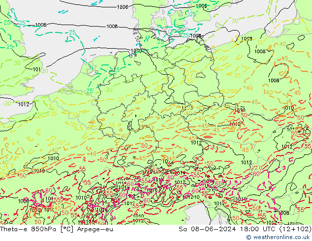 Theta-e 850hPa Arpege-eu za 08.06.2024 18 UTC