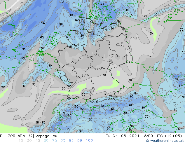 RH 700 hPa Arpege-eu Di 04.06.2024 18 UTC