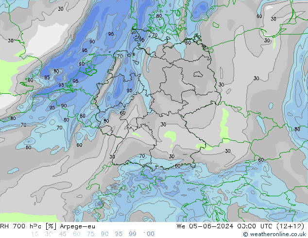 RH 700 hPa Arpege-eu śro. 05.06.2024 00 UTC