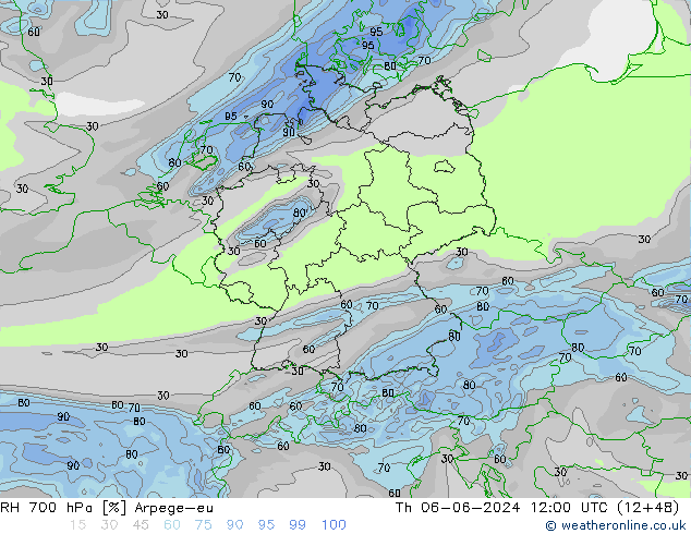 Humedad rel. 700hPa Arpege-eu jue 06.06.2024 12 UTC