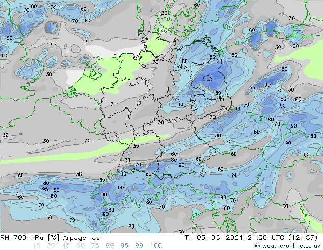 RH 700 hPa Arpege-eu Čt 06.06.2024 21 UTC