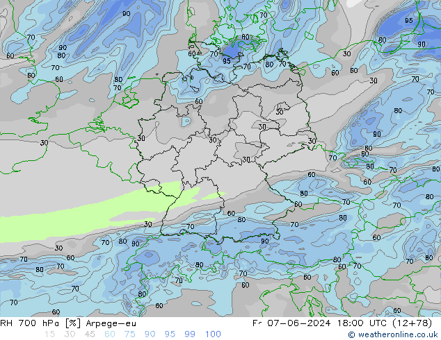 RH 700 hPa Arpege-eu Fr 07.06.2024 18 UTC