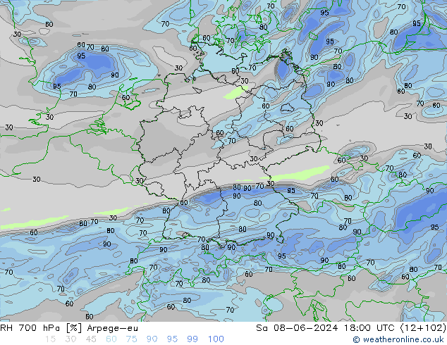 RH 700 hPa Arpege-eu Sáb 08.06.2024 18 UTC