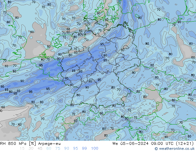 RH 850 hPa Arpege-eu mer 05.06.2024 09 UTC