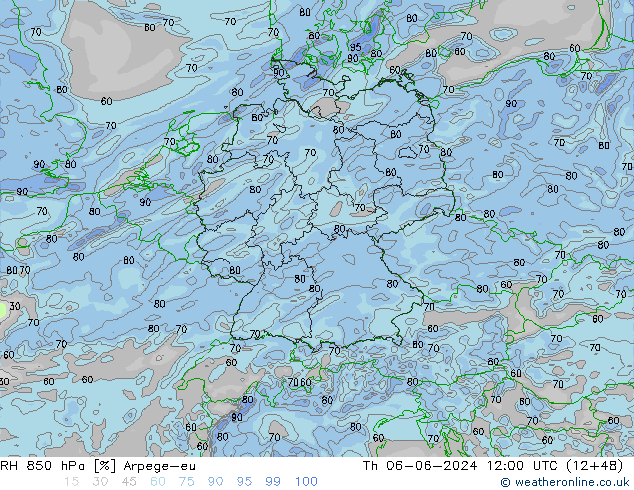 RH 850 hPa Arpege-eu Do 06.06.2024 12 UTC