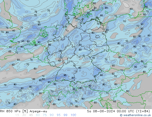 Humidité rel. 850 hPa Arpege-eu sam 08.06.2024 00 UTC