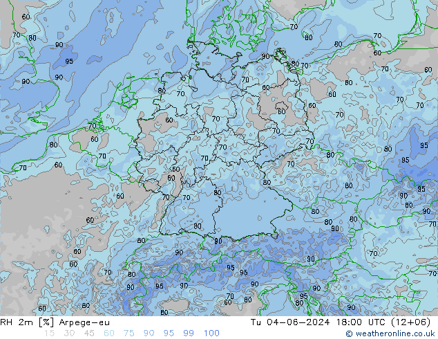 Humidité rel. 2m Arpege-eu mar 04.06.2024 18 UTC