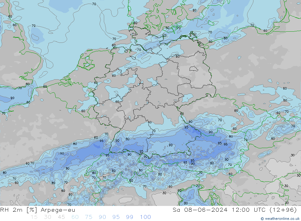 RH 2m Arpege-eu Sa 08.06.2024 12 UTC