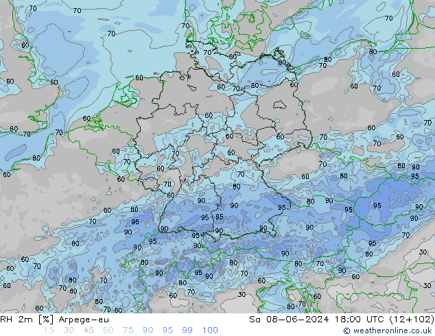Humidité rel. 2m Arpege-eu sam 08.06.2024 18 UTC