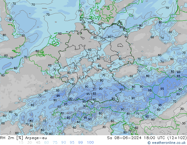 RH 2m Arpege-eu Sa 08.06.2024 18 UTC