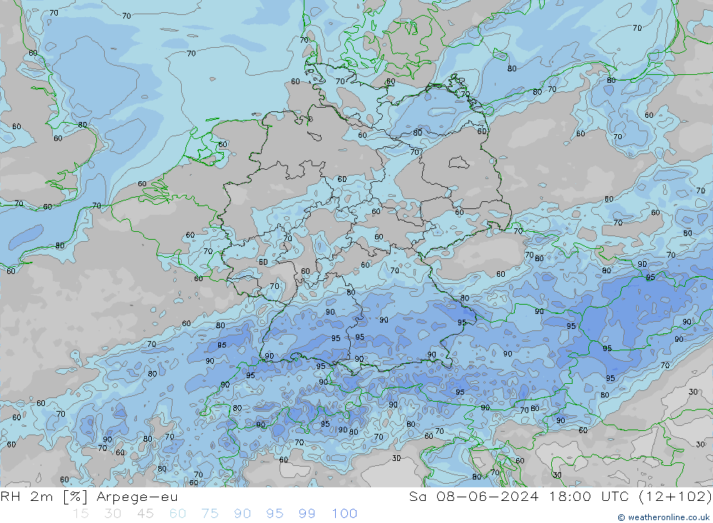 Humidité rel. 2m Arpege-eu sam 08.06.2024 18 UTC