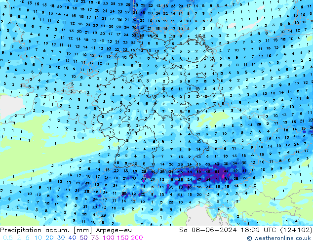 Precipitation accum. Arpege-eu сб 08.06.2024 18 UTC