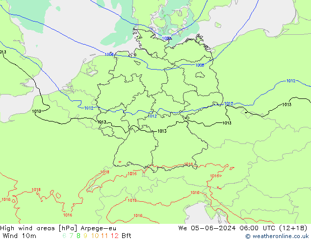 High wind areas Arpege-eu Qua 05.06.2024 06 UTC