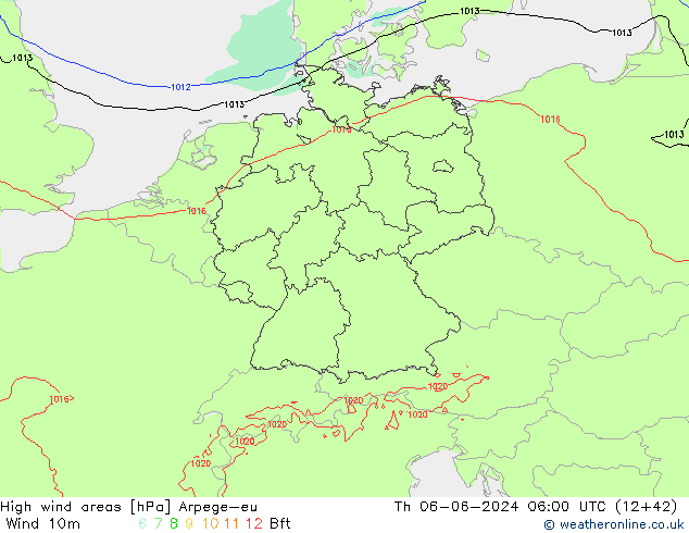 High wind areas Arpege-eu Čt 06.06.2024 06 UTC