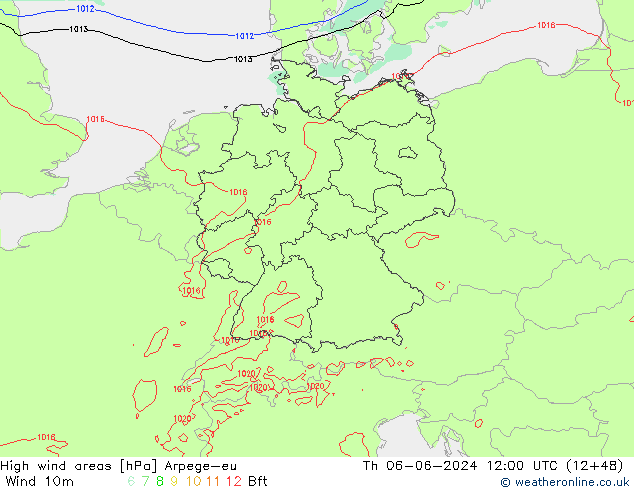 High wind areas Arpege-eu Th 06.06.2024 12 UTC