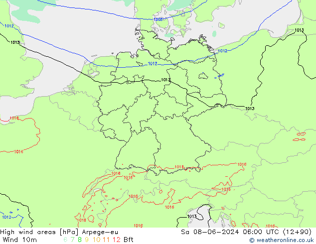 yüksek rüzgarlı alanlar Arpege-eu Cts 08.06.2024 06 UTC