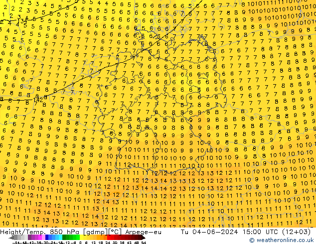 Height/Temp. 850 гПа Arpege-eu вт 04.06.2024 15 UTC