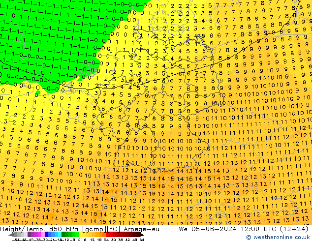 Géop./Temp. 850 hPa Arpege-eu mer 05.06.2024 12 UTC