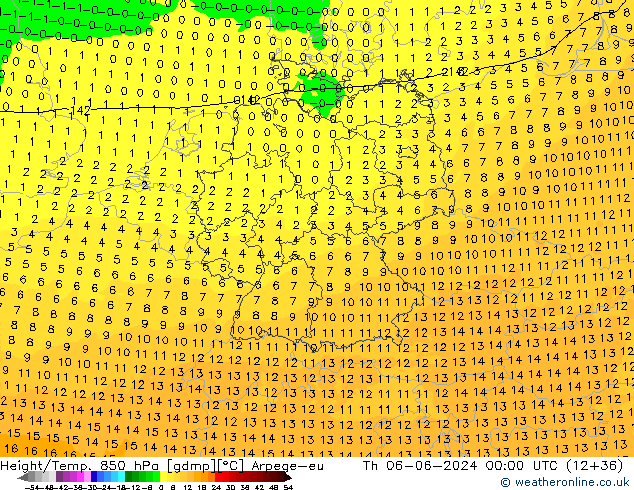 Hoogte/Temp. 850 hPa Arpege-eu do 06.06.2024 00 UTC