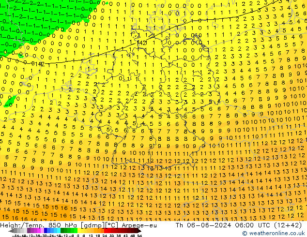 Géop./Temp. 850 hPa Arpege-eu jeu 06.06.2024 06 UTC