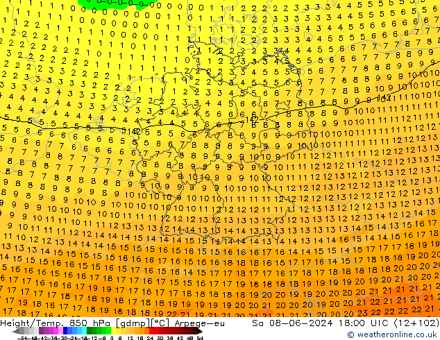 Height/Temp. 850 гПа Arpege-eu сб 08.06.2024 18 UTC