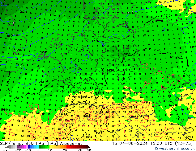 SLP/Temp. 850 hPa Arpege-eu Di 04.06.2024 15 UTC