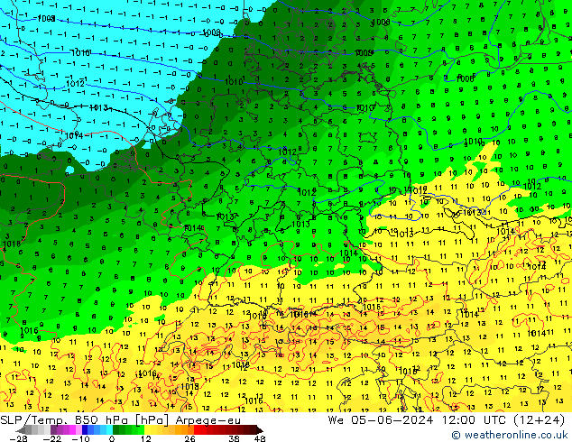 SLP/Temp. 850 hPa Arpege-eu mié 05.06.2024 12 UTC