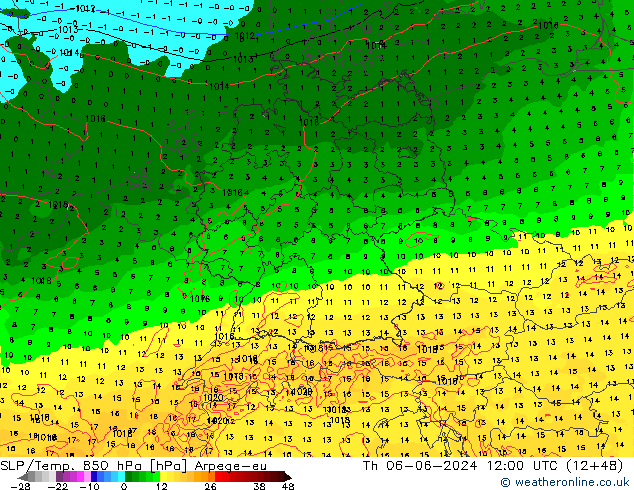 SLP/Temp. 850 hPa Arpege-eu Th 06.06.2024 12 UTC