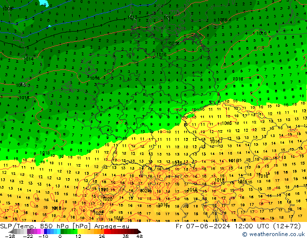 SLP/Temp. 850 hPa Arpege-eu vie 07.06.2024 12 UTC